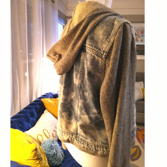 Y2K LEI Stone Acid washed denim jacket Hooded XXL button distress Thrashed Rock - Picture 4 of 11